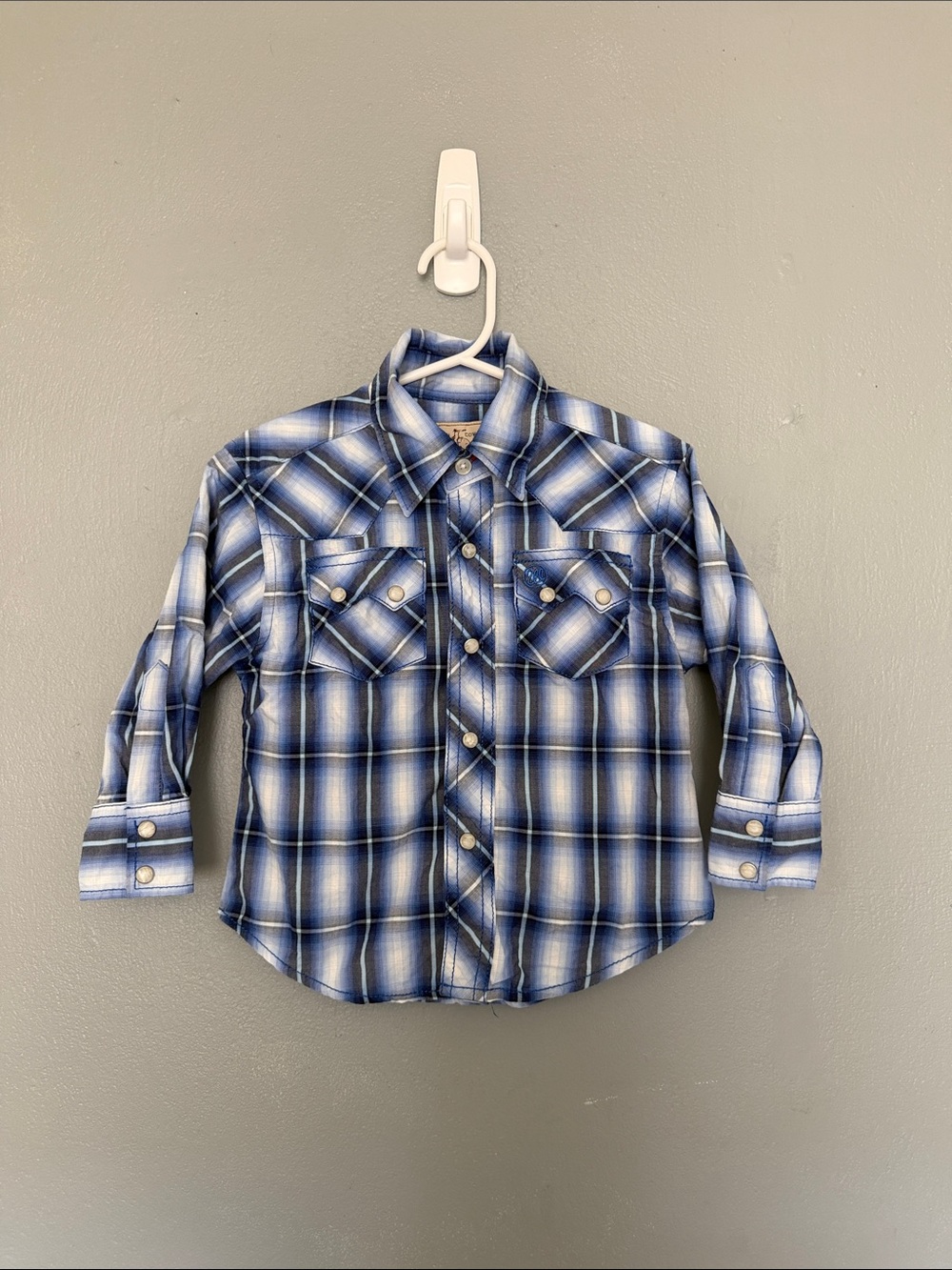 Wrangler Toddler Boy Blue Plaid Long Sleeve Western Pearl Snap Shirt XXS 0-2